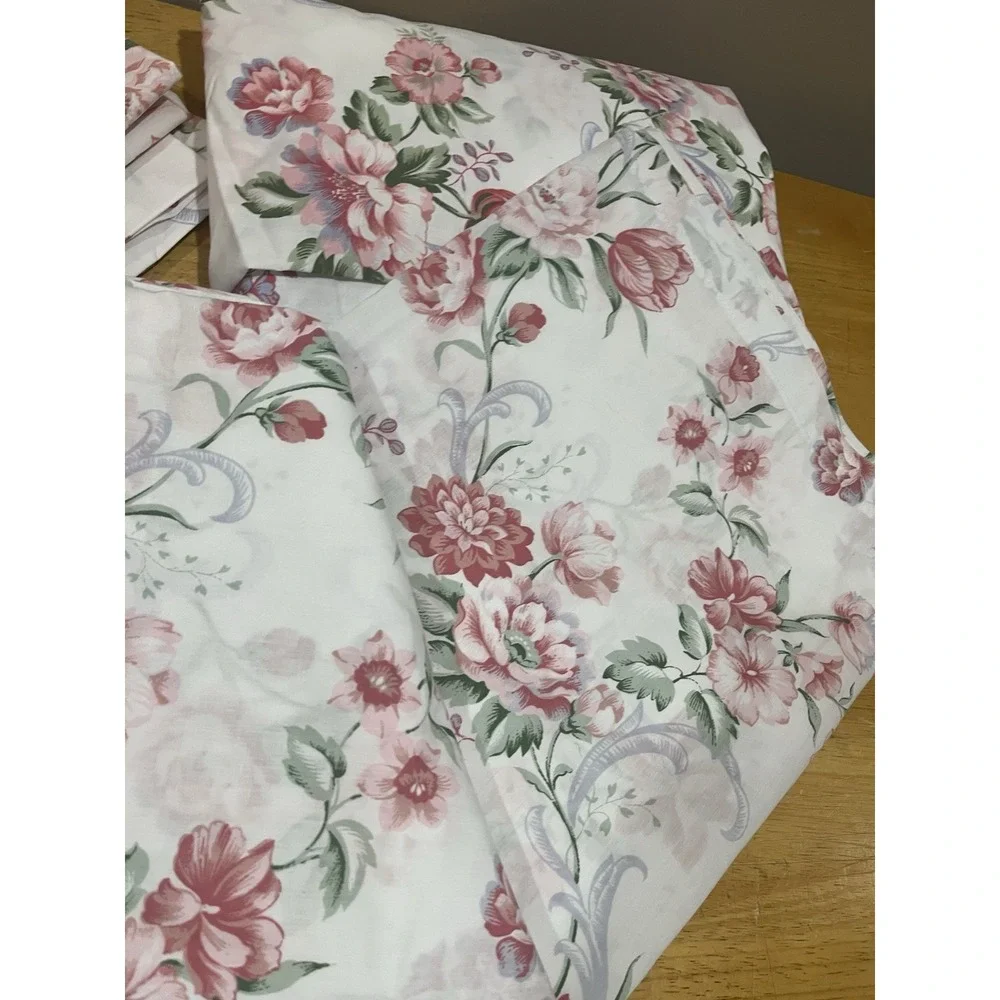 Vtg Cannon Cottagecore Full Sheet‎ Set Garden Country Rose Floral White Pink